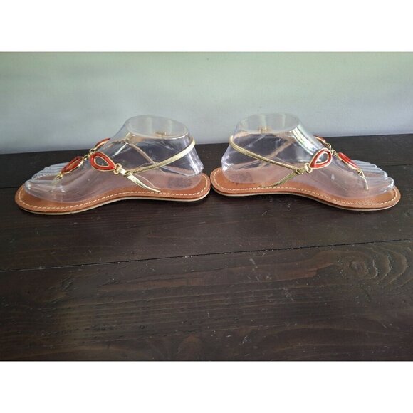 EUC Yellow Box Leather Sandals with Gold Straps and Red Teardrop Embellishments/ - Picture 2 of 9